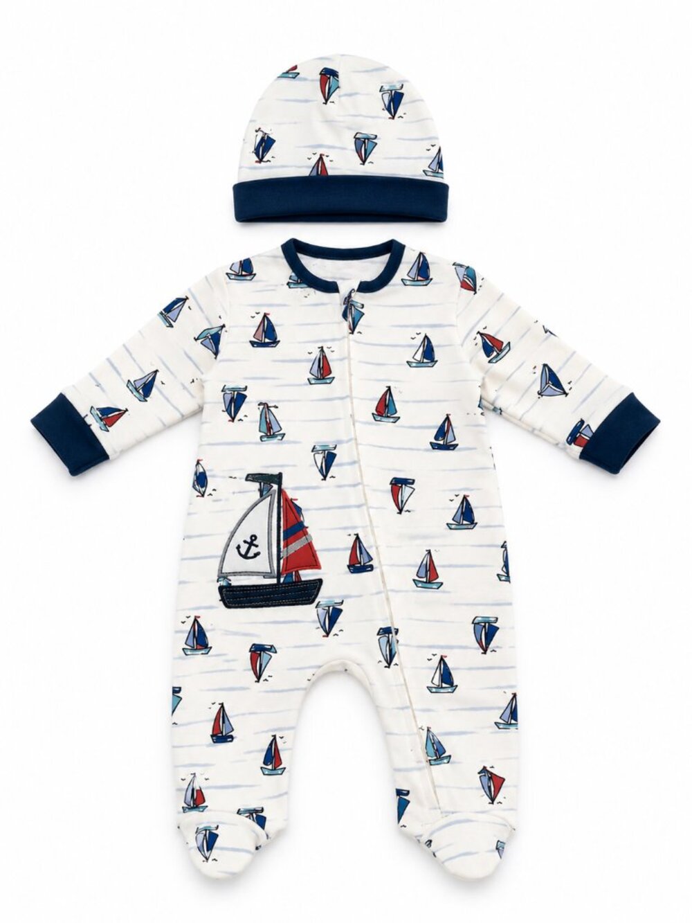 NWT Baby Essentials Baby Boy 2 Piece Sleeper Set Nautical Sailboat Applique Size